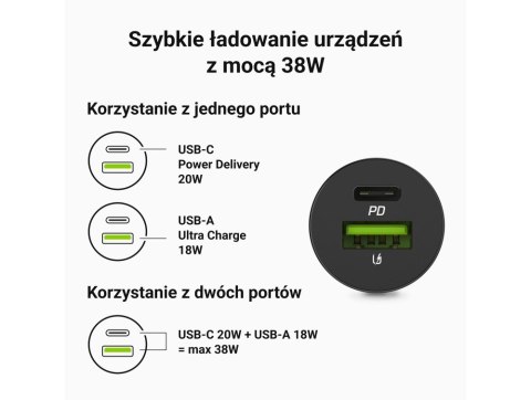 GREEN CELL ŁADOWARKA SAMOCHODOWA GC POWERRIDE NANO38 38W 6A 1X USB-C 1X USB-A Green Cell GREEN CELL ŁADOWARKA SAMOCHODOWA GC POWERRIDE NANO38 38W 6A 1X USB-C 1X USB-A Green Cell