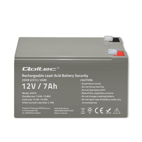 QOLTEC AKUMULATOR AGM 12V | 7AH | MAX. 105A | SECURITY Qoltec QOLTEC AKUMULATOR AGM 12V | 7AH | MAX. 105A | SECURITY Qoltec