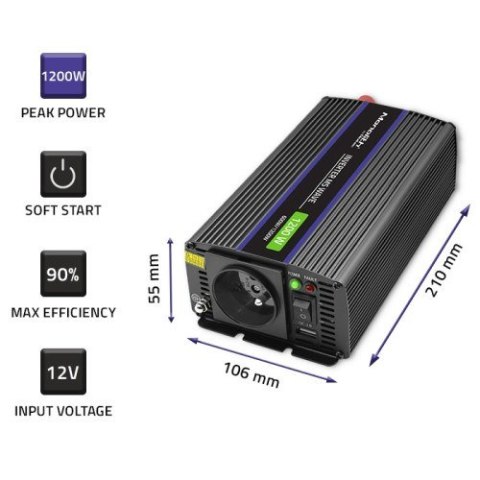 QOLTEC PRZETWORNICA NAPIĘCIA MONOLITH 1200 MS WAVE | 12V NA 230V | 600/1200W | USB Qoltec QOLTEC PRZETWORNICA NAPIĘCIA MONOLITH 1200 MS WAVE | 12V NA 230V | 600/1200W | USB Qoltec