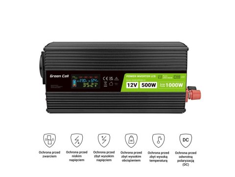 GREEN CELL PRZETWORNICA LCD 12V/230V 500W/1000W CZYSTY SINUS INVGC12P500LCD Green Cell GREEN CELL PRZETWORNICA LCD 12V/230V 500W/1000W CZYSTY SINUS INVGC12P500LCD Green Cell