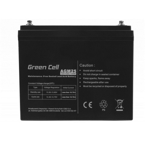 GREEN CELL AKUMULATOR ŻELOWY AGM25 12V 75AH Green Cell GREEN CELL AKUMULATOR ŻELOWY AGM25 12V 75AH Green Cell