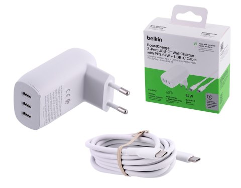 Ładowarka Belkin BoostCharge 3 Port USB-C PD 3.1 PPS Wall Charger 67W + USB-C to USB-C Cable 2m White Belkin Ładowarka Belkin BoostCharge 3 Port USB-C PD 3.1 PPS Wall Charger 67W + USB-C to USB-C Cable 2m White Belkin