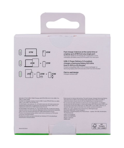 Ładowarka Belkin BoostCharge 3 Port USB-C PD 3.1 PPS Wall Charger 67W + USB-C to USB-C Cable 2m White Belkin Ładowarka Belkin BoostCharge 3 Port USB-C PD 3.1 PPS Wall Charger 67W + USB-C to USB-C Cable 2m White Belkin
