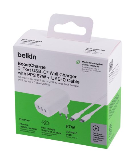 Ładowarka Belkin BoostCharge 3 Port USB-C PD 3.1 PPS Wall Charger 67W + USB-C to USB-C Cable 2m White Belkin Ładowarka Belkin BoostCharge 3 Port USB-C PD 3.1 PPS Wall Charger 67W + USB-C to USB-C Cable 2m White Belkin