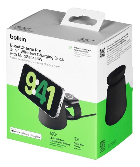 Ładowarka bezprzewodowa Belkin BoostCharge Pro 2-in-1 Wireless Charging Dock with MagSafe iPhone/Apple Watch 15W Black Belkin Ładowarka bezprzewodowa Belkin BoostCharge Pro 2-in-1 Wireless Charging Dock with MagSafe iPhone/Apple Watch 15W Black Belkin