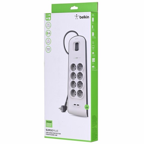 Listwa zasilająca Belkin Power Surge 8-PORT + 2xUSB-A 18W 900J 2m Grey/White Belkin Listwa zasilająca Belkin Power Surge 8-PORT + 2xUSB-A 18W 900J 2m Grey/White Belkin