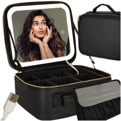 Kik Sp. z o. o. Sp. k. Kosmetyczka organizer na kosmetyki biżuterię kuferek z lusterkiem LED czarny Kik Sp. z o. o. Sp. k. Kosmetyczka organizer na kosmetyki biżuterię kuferek z lusterkiem LED czarny