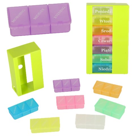 Kik Sp. z o. o. Sp. k. Pudełko organizer na leki na tabletki kasetka 7 dni 3 pory dnia 4 języki Kik Sp. z o. o. Sp. k. Pudełko organizer na leki na tabletki kasetka 7 dni 3 pory dnia 4 języki