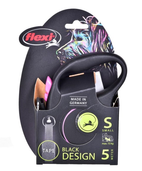 Smycz flexi automatyczna Black Design S taśma 5 m - dla psa do 15 kg, kolor różowy Flexi