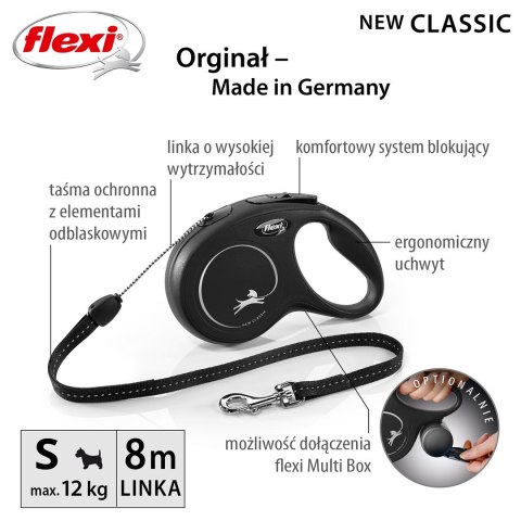 Smycz flexi automatyczna New Classic S linka 8 m - dla psa do 12 kg, kolor czarny Flexi