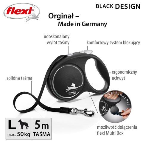 Smycz flexi automatyczna Black Design L taśma 5 m - dla psa do 50 kg, kolor srebrny Flexi