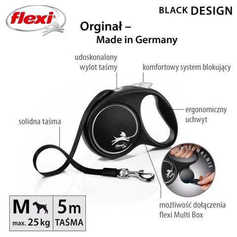Smycz flexi automatyczna Black Design M taśma 5 m - dla psa do 25 kg, kolor srebrny Flexi