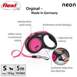 Smycz flexi automatyczna New Neon S taśma 5 m - dla psa do 15 kg, kolor różowy Flexi