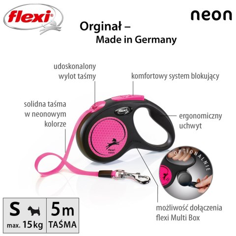 Smycz flexi automatyczna New Neon S taśma 5 m - dla psa do 15 kg, kolor różowy Flexi