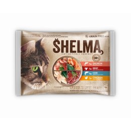SHELMA saszetka - pełnoporcjowa bezzbożowa karma dla dorosłych kotów. Z łososiem, dorszem, wołowiną i kurczakiem 4x85g SHELMA