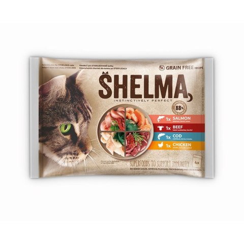 SHELMA saszetka - pełnoporcjowa bezzbożowa karma dla dorosłych kotów. Z łososiem, dorszem, wołowiną i kurczakiem 4x85g SHELMA