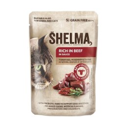 SHELMA saszetka - pełnoporcjowa bezzbożowa karma dla dorosłych kotów. Z łososiem, dorszem, wołowiną i kurczakiem 4x85g SHELMA