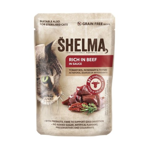 SHELMA saszetka - pełnoporcjowa bezzbożowa karma dla dorosłych kotów. Z łososiem, dorszem, wołowiną i kurczakiem 4x85g SHELMA