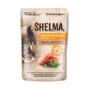 SHELMA saszetka - pełnoporcjowa bezzbożowa karma dla dorosłych kotów. Z łososiem, dorszem, wołowiną i kurczakiem 4x85g SHELMA