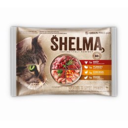 SHELMA saszetki - pełnoporcjowa bezzbożowa karma dla dorosłych kotów. Z kurczakiem, wołowiną, kaczką i indykiem 4x85g SHELMA