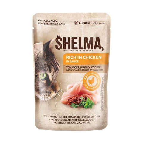 SHELMA saszetki - pełnoporcjowa bezzbożowa karma dla dorosłych kotów. Z kurczakiem, wołowiną, kaczką i indykiem 4x85g SHELMA