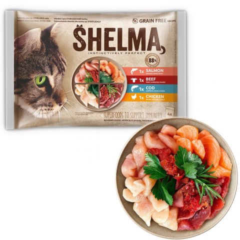 SHELMA saszetka - pełnoporcjowa bezzbożowa karma dla dorosłych kotów. Z łososiem, dorszem, wołowiną i kurczakiem 4x85g SHELMA