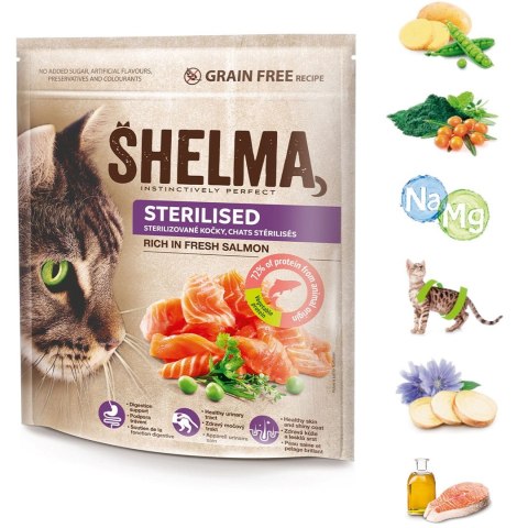 SHELMA karma sucha - pełnoporcjowa bezzbożowa karma dla dorosłych kotów sterylizowanych. Bogata w łososia 750 g SHELMA