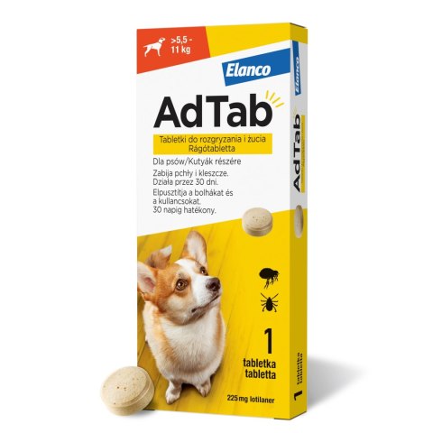 Elanco AdTab 225mg Tabletka Na Pchły I Kleszcze Dla Psów 5,5-11kg