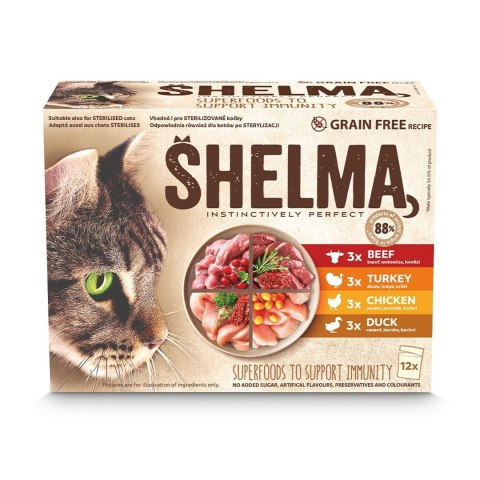 SHELMA saszetka - pełnoporcjowa bezzbożowa karma dla dorosłych kotów. Z kurczakiem, wołowiną, indykiem, kaczką 12x 85 g SHELMA