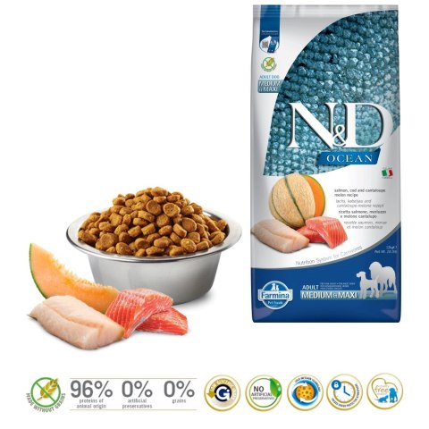 FARMINA N&D Ocean Dog Salmon, Cod, Cantaloupe, Melon Adult Medium&Maxi- sucha karma dla psa - 12 kg Farmina