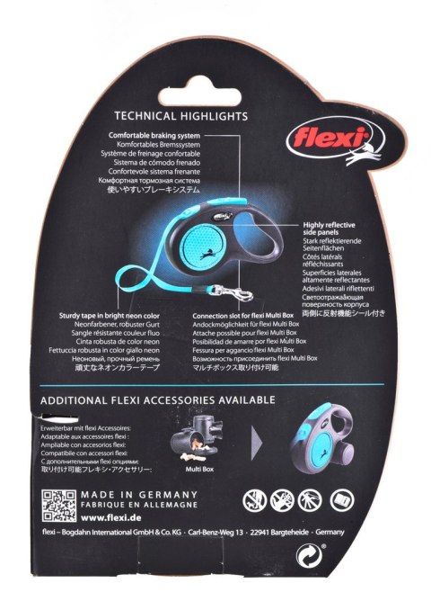 Smycz Flexi automatyczna New Neon S taśma 5 m - dla psa do 15 kg, kolor niebieski Flexi