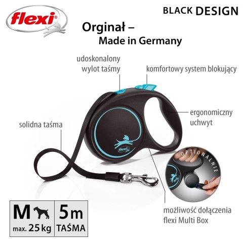 Smycz flexi automatyczna Black Design M taśma 5 m - dla psa do 25 kg, kolor niebieski Flexi