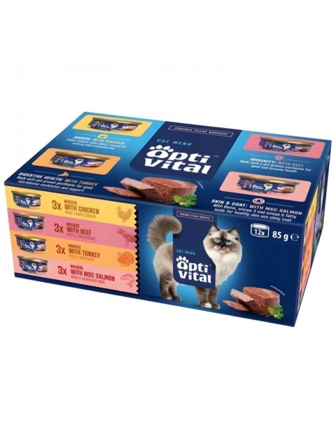 OptiVital mini puszka- Multibox dla dorosłych kotów o smaku woł, kur, indyk, łos 12x85g OptiVital