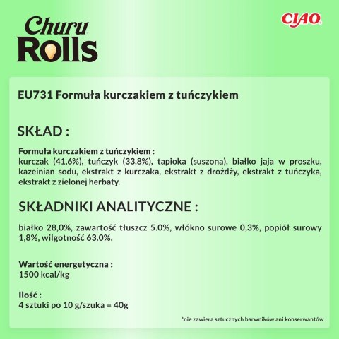 INABA Churu Rolls Tuńczyk z kurczakiem - przysmak dla kota - 4x10 g INABA