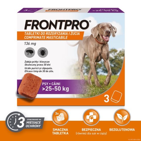 FRONTPRO Tabletki na pchły i kleszcze dla psa (>25-50 kg) - 3x 136mg FrontPro