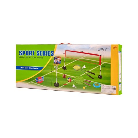 Kik Sp. z o. o. Sp. k. Zestaw sportowy 5w1 badminton koszykówka siatkówka tenis frisbee Kik Sp. z o. o. Sp. k. Zestaw sportowy 5w1 badminton koszykówka siatkówka tenis frisbee
