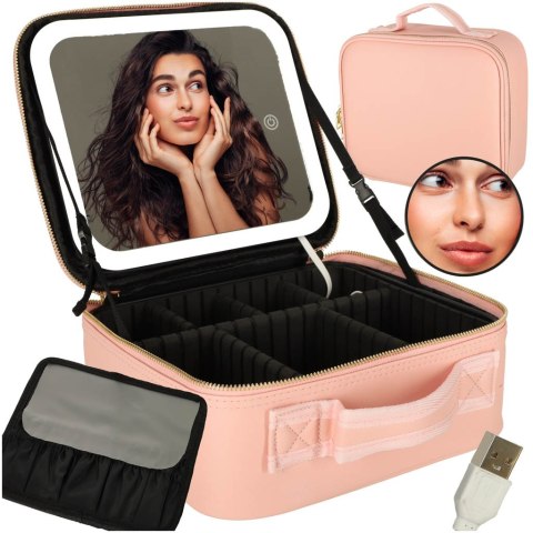 Kosmetyczka organizer na kosmetyki biżuterię kuferek z lusterkiem 10-krotne powiększenie różowy Kik Sp. z o. o. Sp. k. Kosmetyczka organizer na kosmetyki biżuterię kuferek z lusterkiem 10-krotne powiększenie różowy Kik Sp. z o. o. Sp. k.