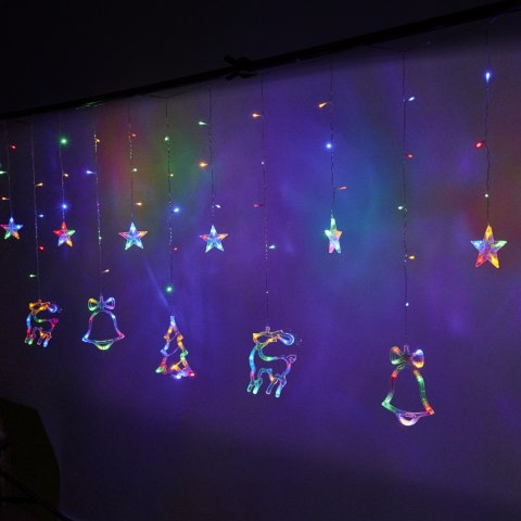 Lampki LED kurtyna renifer dzwonek mix świąteczne choinkowe 2,5m 138LED multikolor 8 trybów świecenia IP44 Kik Sp. z o. o. Sp. k. Lampki LED kurtyna renifer dzwonek mix świąteczne choinkowe 2,5m 138LED multikolor 8 trybów świecenia IP44 Kik Sp. z o. o. Sp. k.