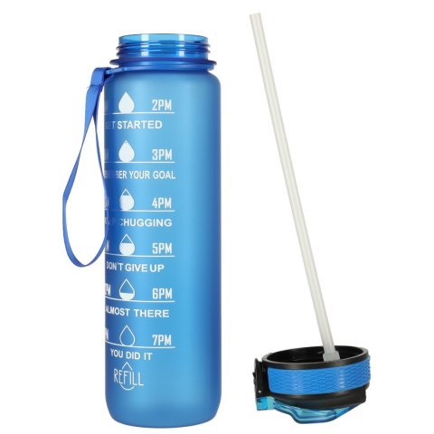 Kik Sp. z o. o. Sp. k. Butelka na wodę bidon ze słomką uchwytem miarką motywacyjną na siłownię BPA free Tritan 1l niebieska Kik Sp. z o. o. Sp. k. Butelka na wodę bidon ze słomką uchwytem miarką motywacyjną na siłownię BPA free Tritan 1l niebieska