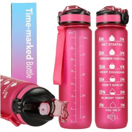 Butelka na wodę bidon ze słomką uchwytem miarką motywacyjną na siłownię BPA free Tritan 1l różowa Kik Sp. z o. o. Sp. k.