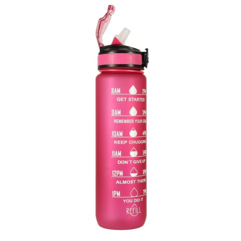 Kik Sp. z o. o. Sp. k. Butelka na wodę bidon ze słomką uchwytem miarką motywacyjną na siłownię BPA free Tritan 1l różowa Kik Sp. z o. o. Sp. k. Butelka na wodę bidon ze słomką uchwytem miarką motywacyjną na siłownię BPA free Tritan 1l różowa