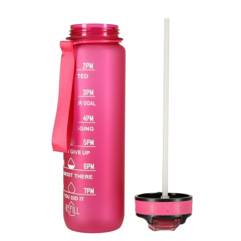 Kik Sp. z o. o. Sp. k. Butelka na wodę bidon ze słomką uchwytem miarką motywacyjną na siłownię BPA free Tritan 1l różowa Kik Sp. z o. o. Sp. k. Butelka na wodę bidon ze słomką uchwytem miarką motywacyjną na siłownię BPA free Tritan 1l różowa