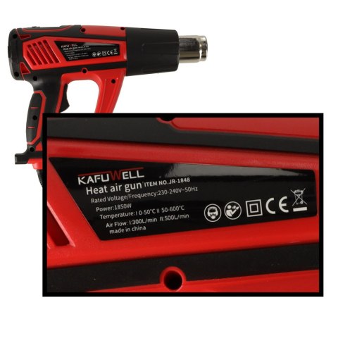 KAFUWELL Opalarka elektryczna z regulacja tempratury 0-600 st. C przepływ powietrza 300-500 l/min + 4 wymienne końcówki 1850W Kik Sp. z o. o. Sp. k. KAFUWELL Opalarka elektryczna z regulacja tempratury 0-600 st. C przepływ powietrza 300-500 l/min + 4 wymienne końcówki 1850W Kik Sp. z o. o. Sp. k.