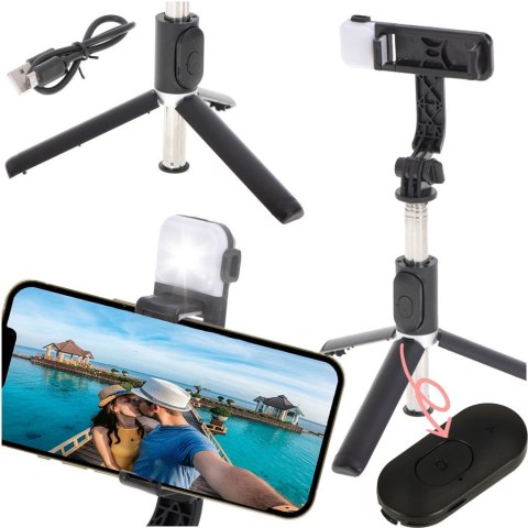 Kijek do selfie z pilotem Bluetooth statyw tripod lampka LED czarny Kik Sp. z o. o. Sp. k. Kijek do selfie z pilotem Bluetooth statyw tripod lampka LED czarny Kik Sp. z o. o. Sp. k.