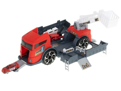 TIR laweta ciężarówka samochód transporter naczepa 2w1 parking resoraki straż pożarna 2 auta czerwone Kik Sp. z o. o. Sp. k. TIR laweta ciężarówka samochód transporter naczepa 2w1 parking resoraki straż pożarna 2 auta czerwone Kik Sp. z o. o. Sp. k.