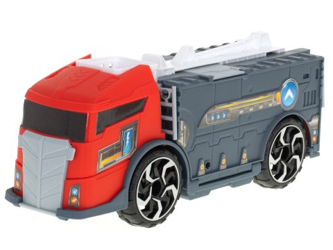 TIR laweta ciężarówka samochód transporter naczepa 2w1 parking resoraki straż pożarna 2 auta czerwone Kik Sp. z o. o. Sp. k. TIR laweta ciężarówka samochód transporter naczepa 2w1 parking resoraki straż pożarna 2 auta czerwone Kik Sp. z o. o. Sp. k.