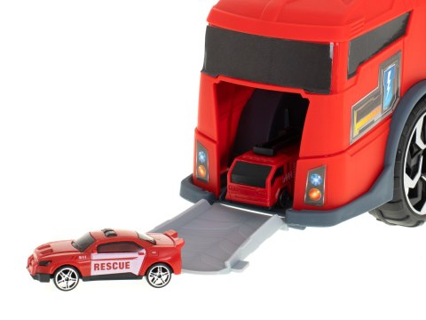 TIR laweta ciężarówka samochód transporter naczepa 2w1 parking resoraki straż pożarna 2 auta czerwone Kik Sp. z o. o. Sp. k. TIR laweta ciężarówka samochód transporter naczepa 2w1 parking resoraki straż pożarna 2 auta czerwone Kik Sp. z o. o. Sp. k.