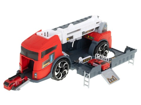 TIR laweta ciężarówka samochód transporter naczepa 2w1 parking resoraki straż pożarna 2 auta czerwone Kik Sp. z o. o. Sp. k. TIR laweta ciężarówka samochód transporter naczepa 2w1 parking resoraki straż pożarna 2 auta czerwone Kik Sp. z o. o. Sp. k.