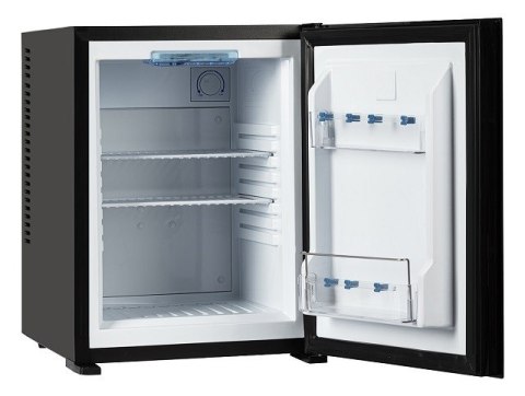 Bezszmerowy minibar termoelektryczny MPM-30-MBS-06/L z szklanym frontem czarny MPM Bezszmerowy minibar termoelektryczny MPM-30-MBS-06/L z szklanym frontem czarny MPM