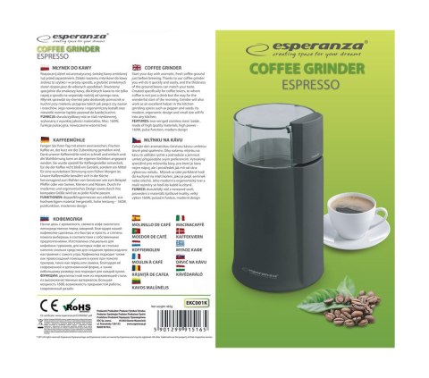 Młynek do kawy Esperanza Espresso EKC001K (160W; udarowy; kolor czarny) Esperanza Młynek do kawy Esperanza Espresso EKC001K (160W; udarowy; kolor czarny) Esperanza